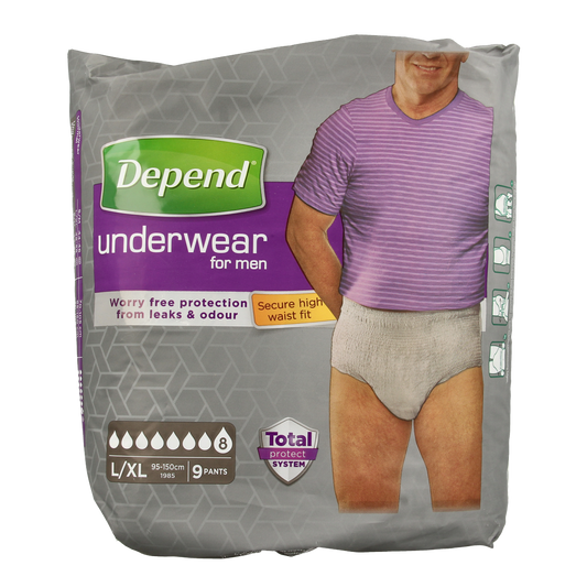 Depend Men Incontinence Pants Super Maat L/XL, 9 pack, designed for comfortable men with incontinence needs.