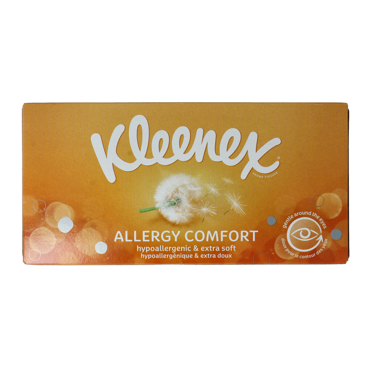 Kleenex Allergy Comfort tissues in a box, 56 count, soft facial tissues for allergy relief, with Kleenex branding.
