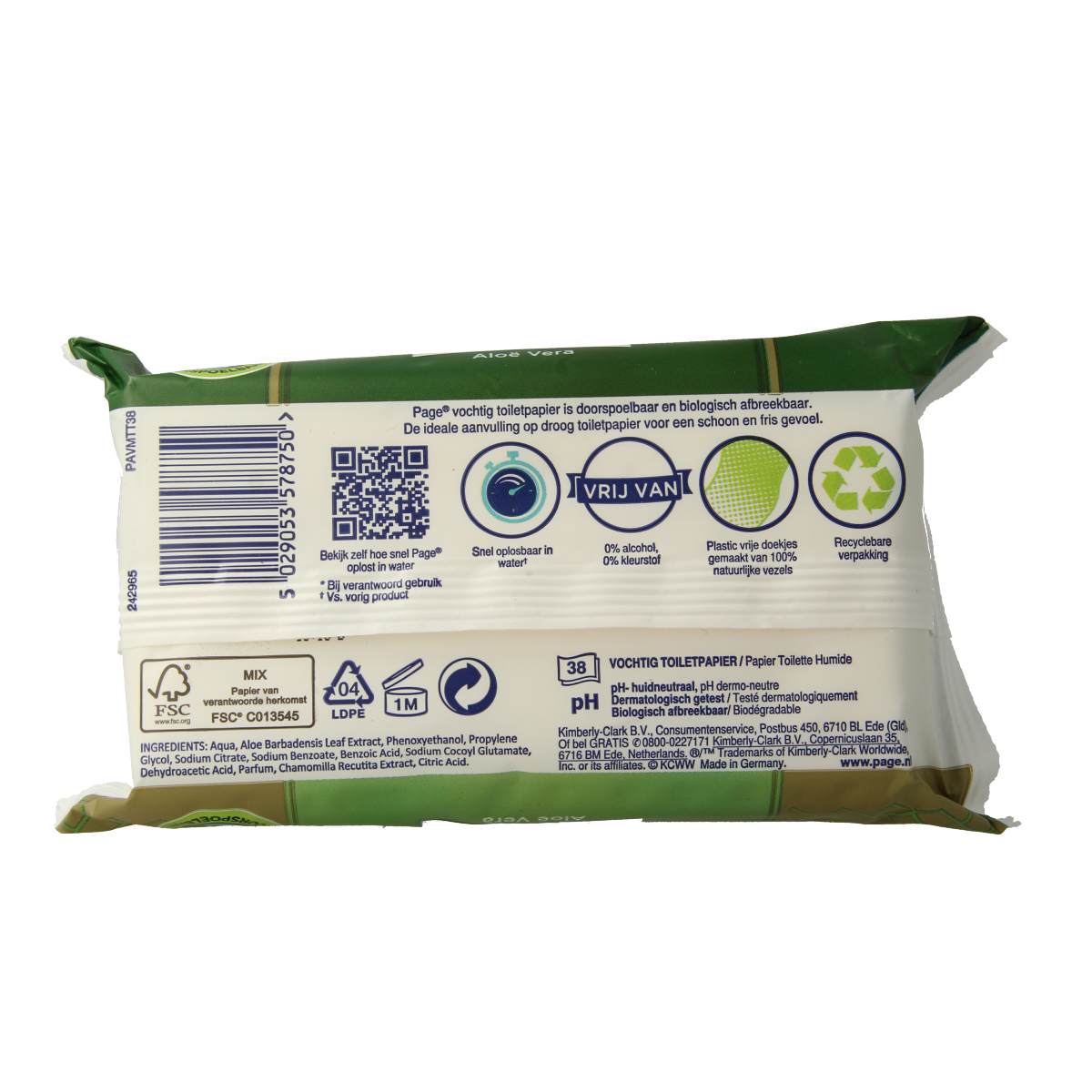 Page Vochtig toiletpapier Aloe Vera navulling, 38 wipes, soft and soothing moist toilet paper for sensitive skin.