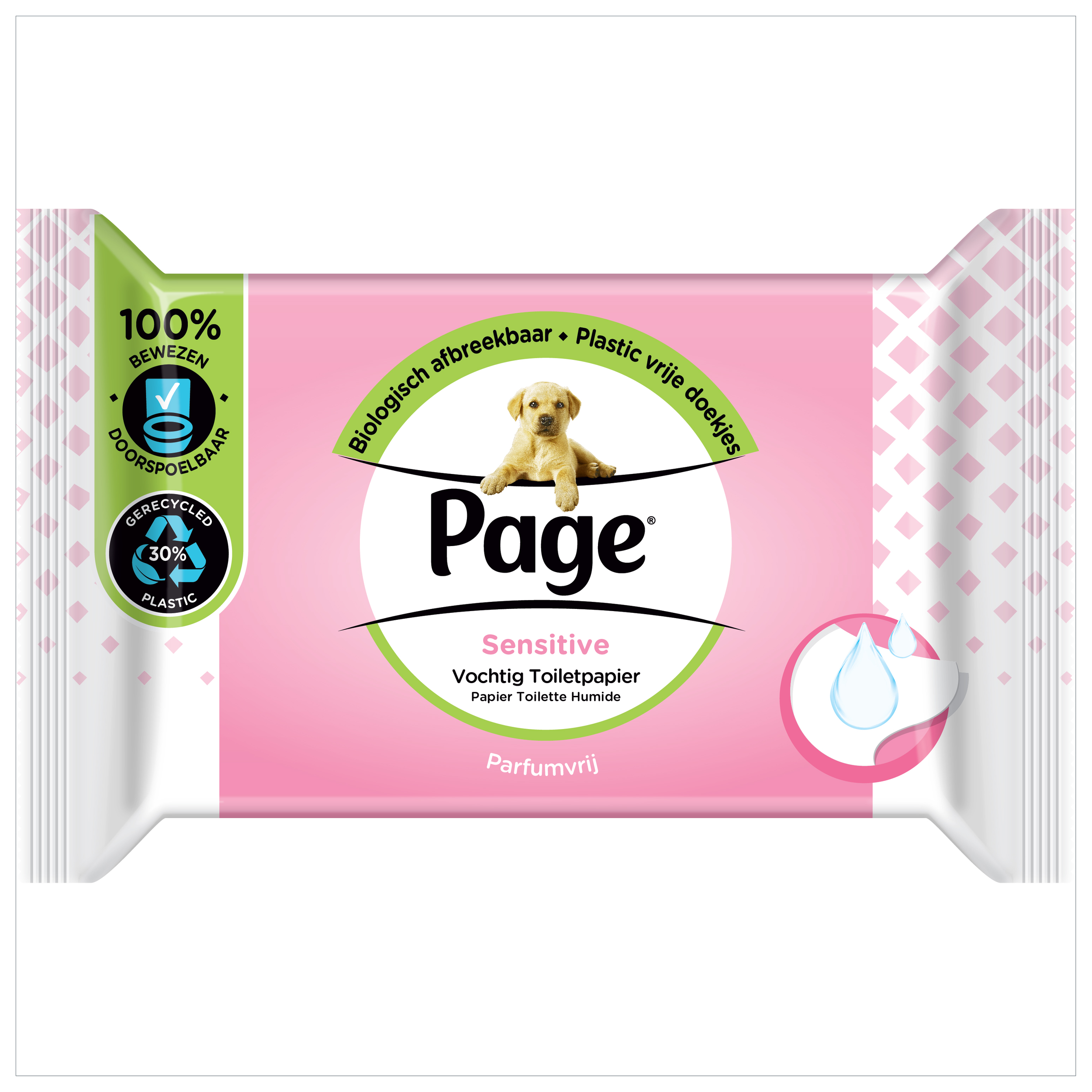 Page Sensitiv toiletpapier navulling with 38 soft, moist toilet paper sheets for gentle hygiene and comfort.