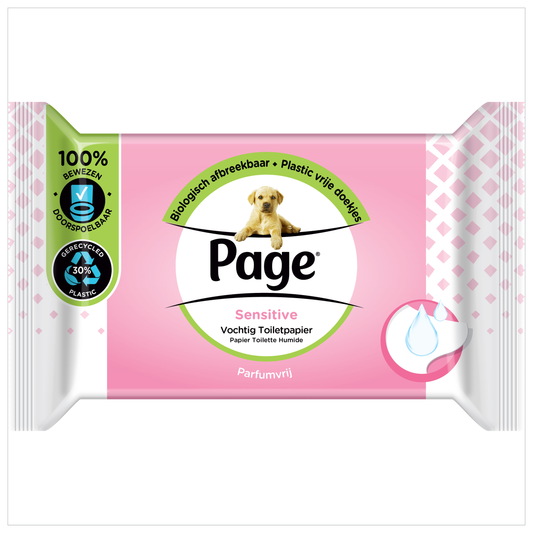 Page Sensitiv toiletpapier navulling with 38 soft, moist toilet paper sheets for gentle hygiene and comfort.