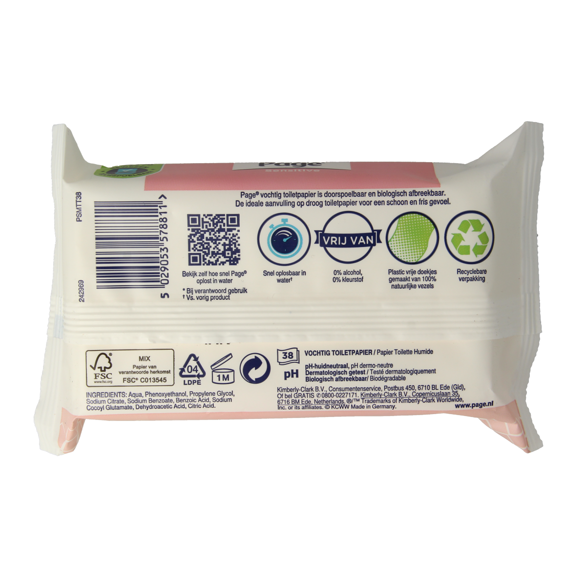 Page Vochtig toiletpapier sensitive refill pack with 38 tissues, soft and gentle for sensitive skin.