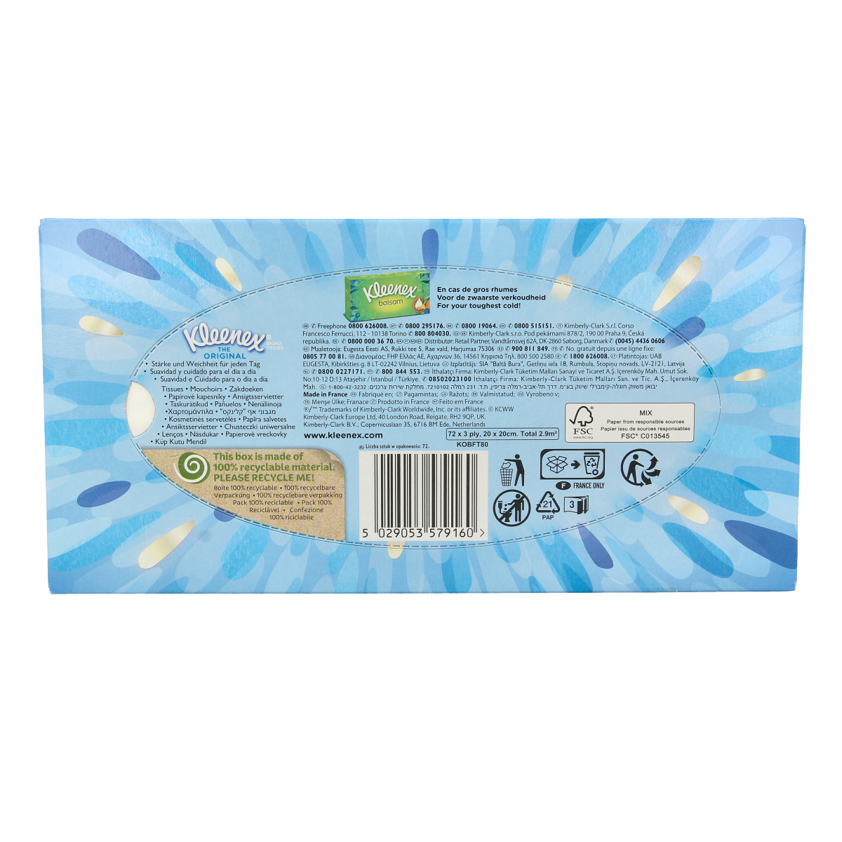 Box of Kleenex original tissues with 72 pack, soft paper tissues for nasal and facial use, branded Kleenex tissues.