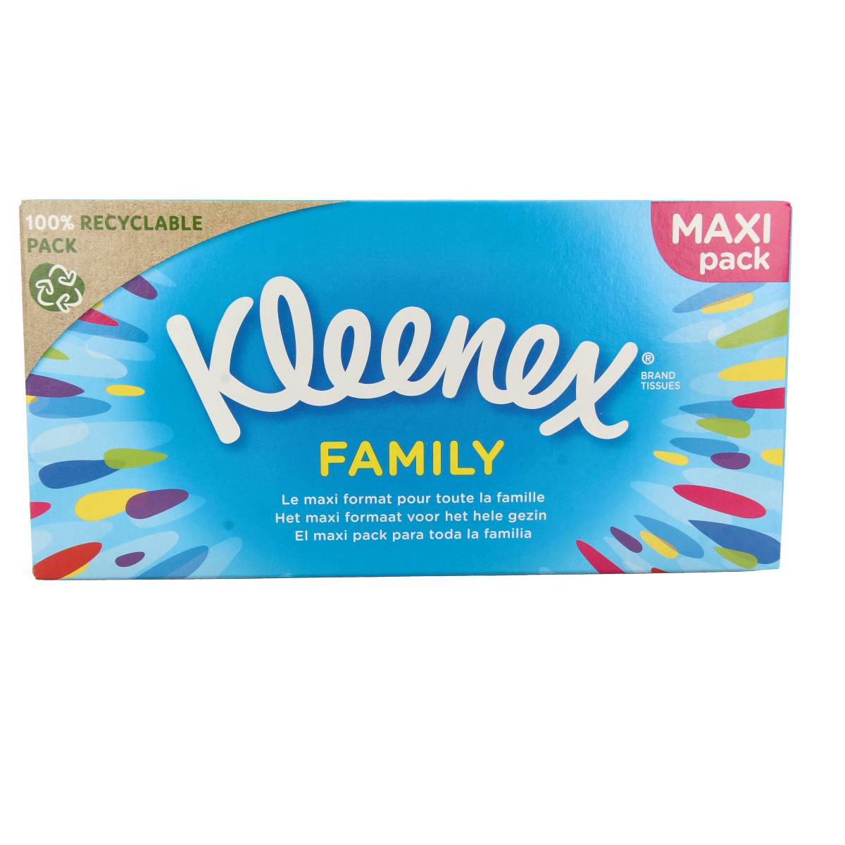 Kleenex Family maxi tissue pack with 128 tissues, soft paper tissues in a large box for family use