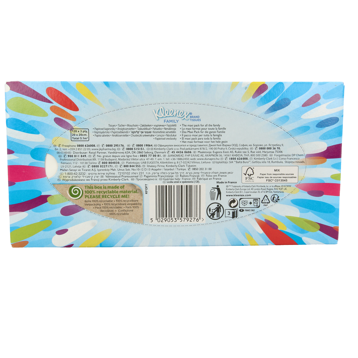 Kleenex Family maxi tissue pack with 128 tissues, soft disposable tissues for family use in a colorful box.