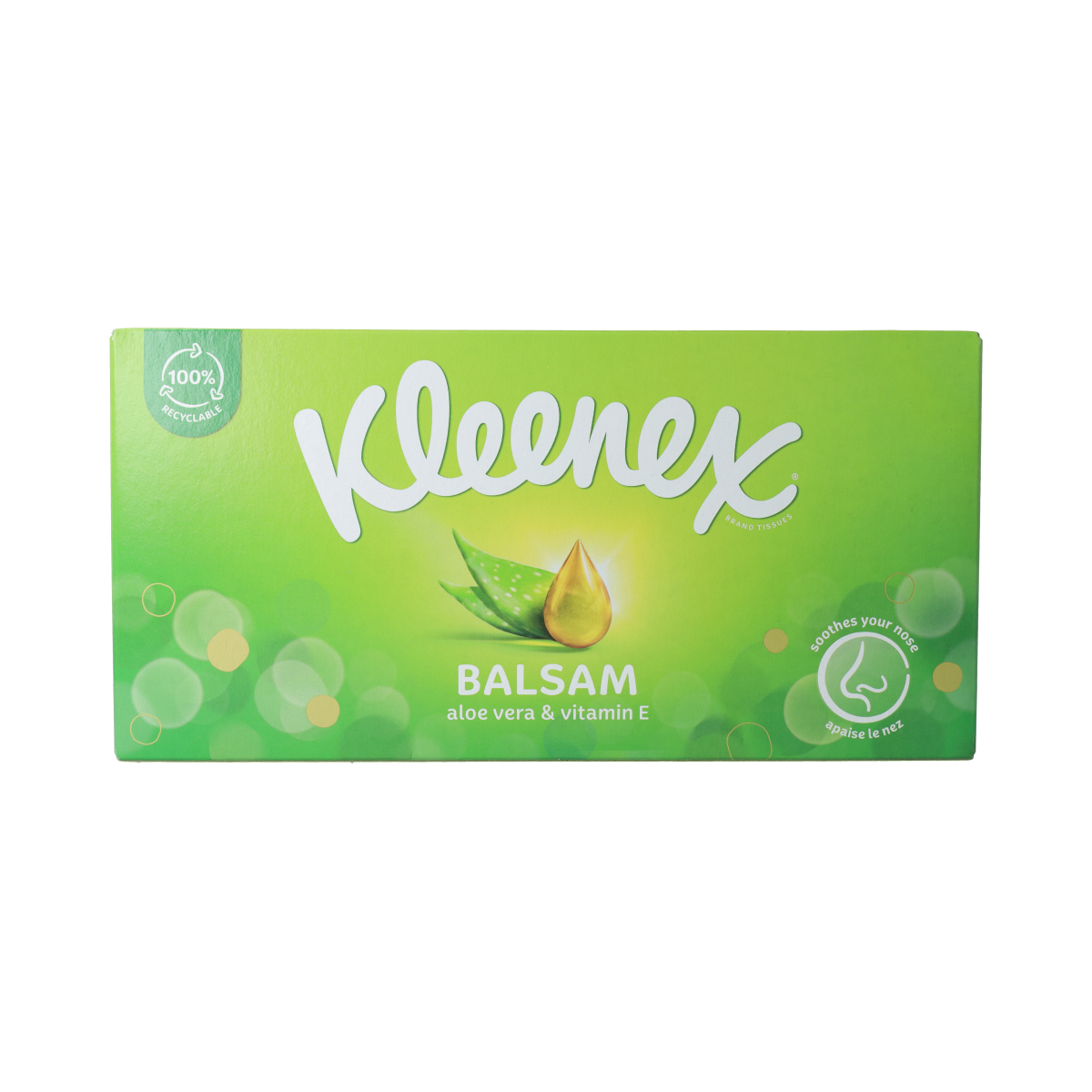 Kleenex Balsam tissue box with 64 tissues, soft and soothing for nasal comfort, featuring a white and blue design.