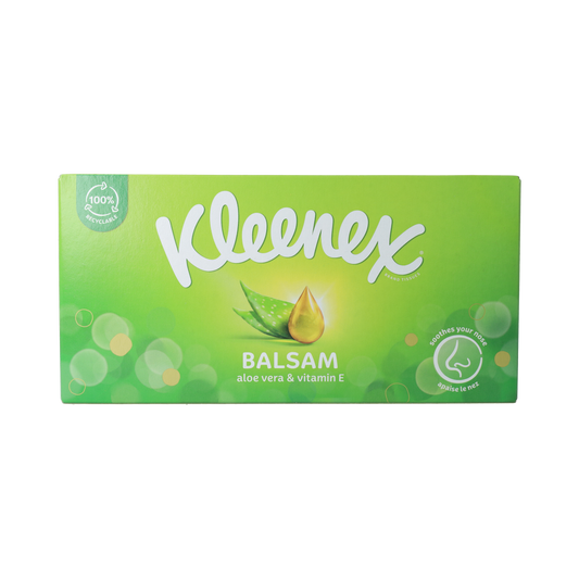 Kleenex Balsam tissue box with 64 tissues, soft and soothing for nasal comfort, featuring a white and blue design.