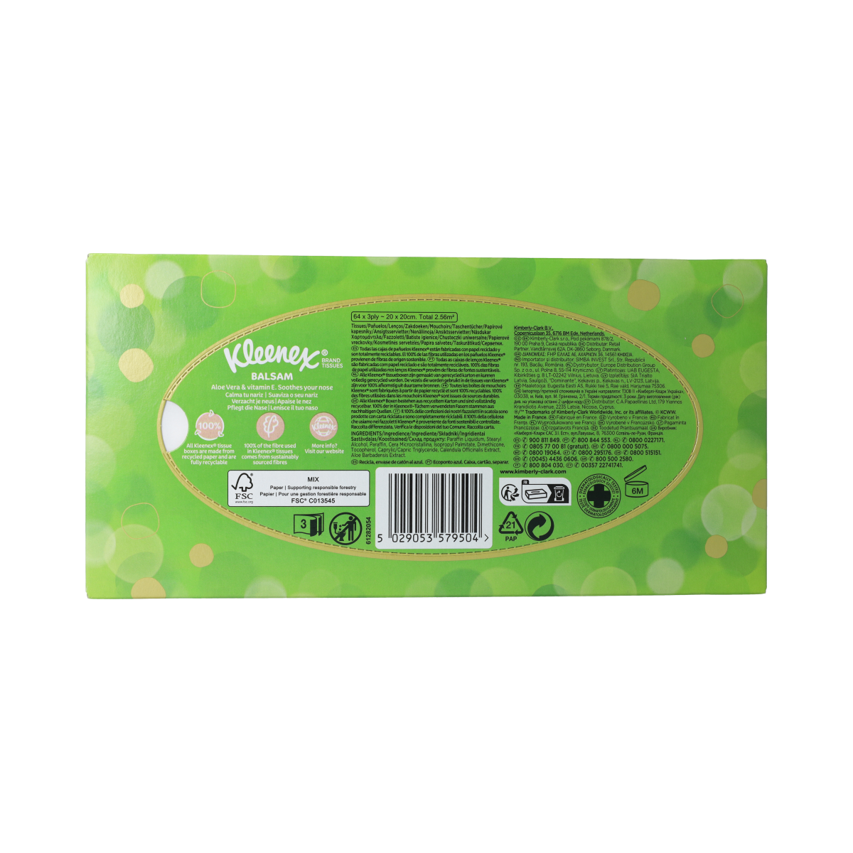 Kleenex Balsam tissue box with 64 tissues, soft facial tissues for comfort and relief in a convenient box.