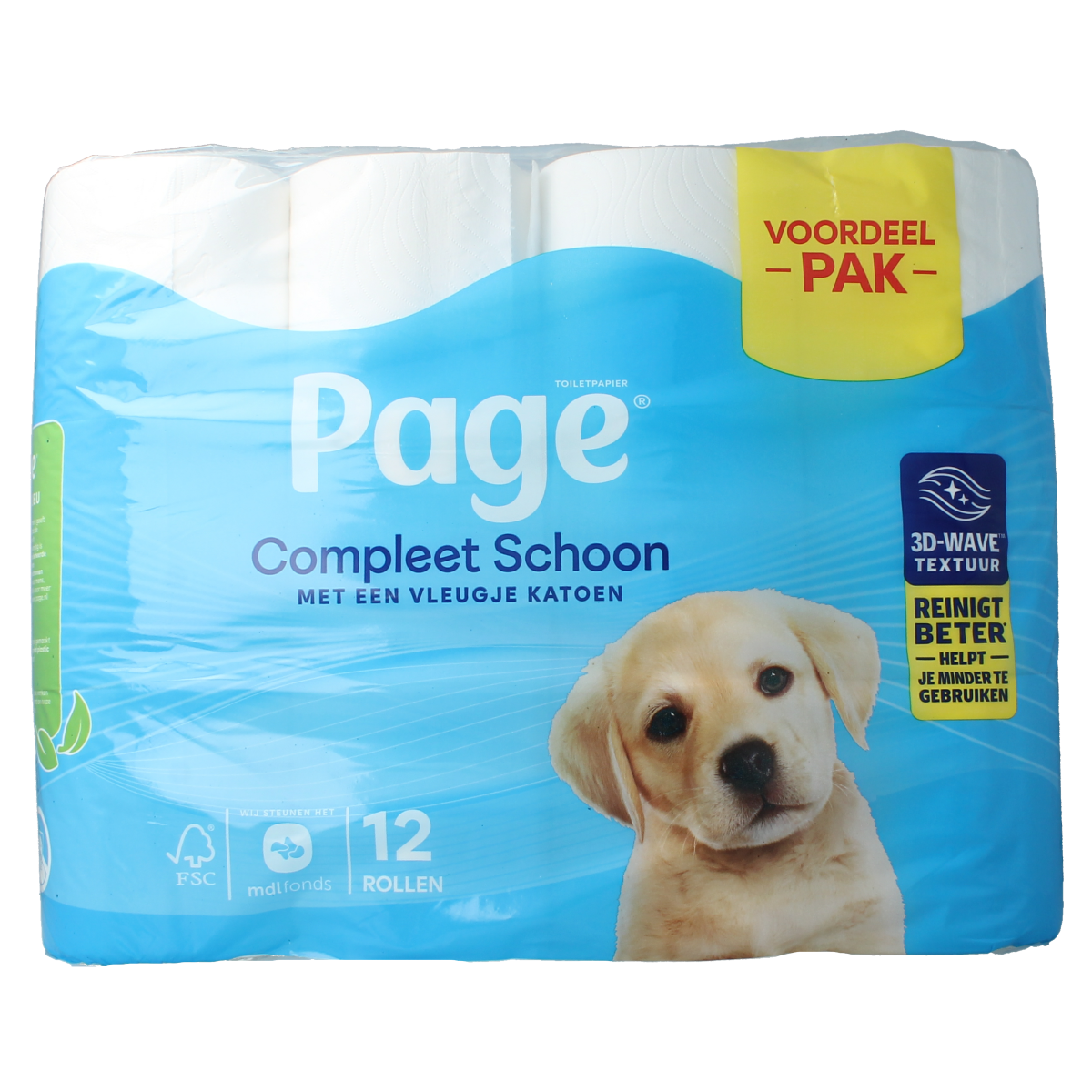 Page Compleet schoon 12.00 Rol toiletpapier in a white roll with perforations, designed for bathroom use.