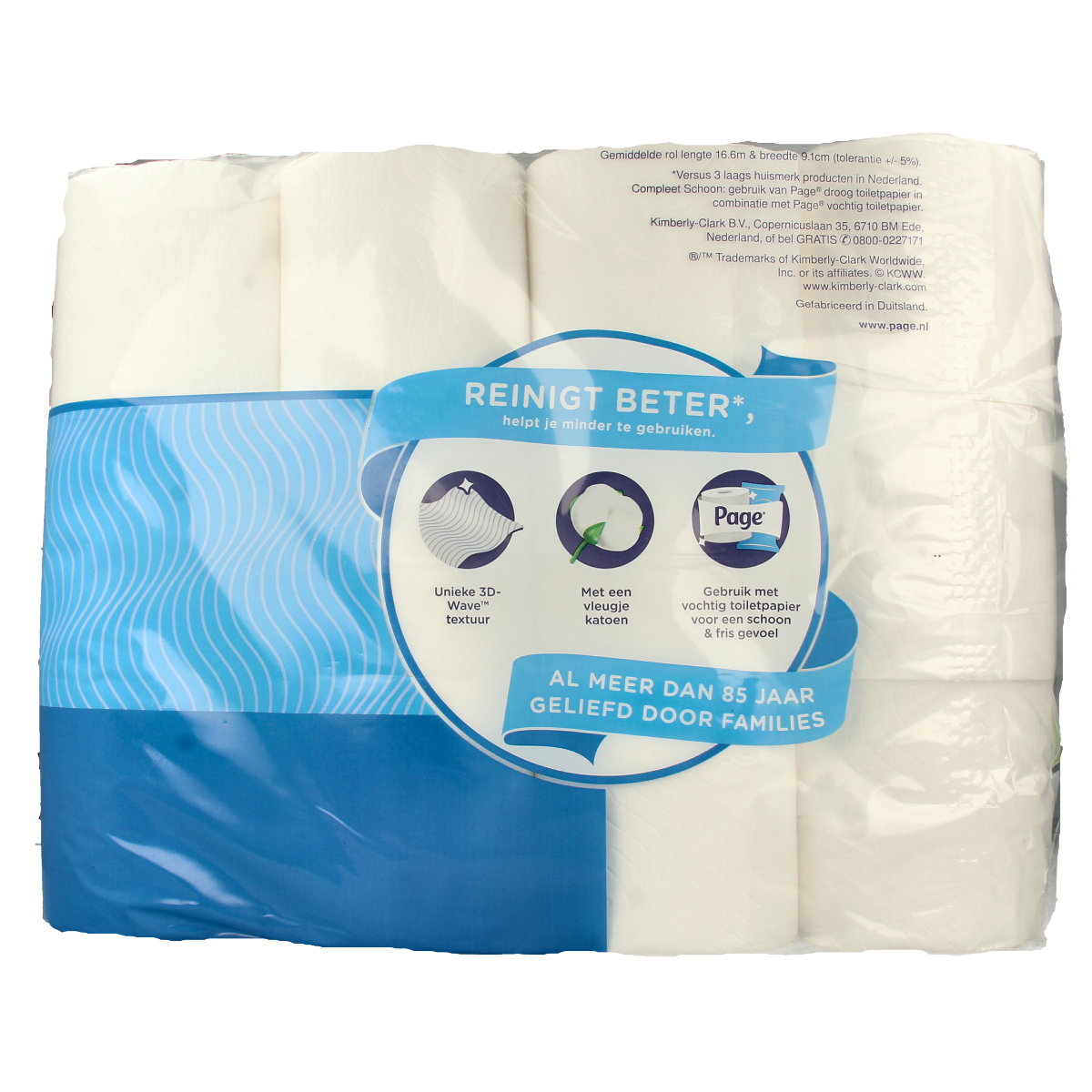 Page Compleet schoon 24.00 Rol toiletpapier, soft white toilet paper roll with multiple sheets for bathroom use.