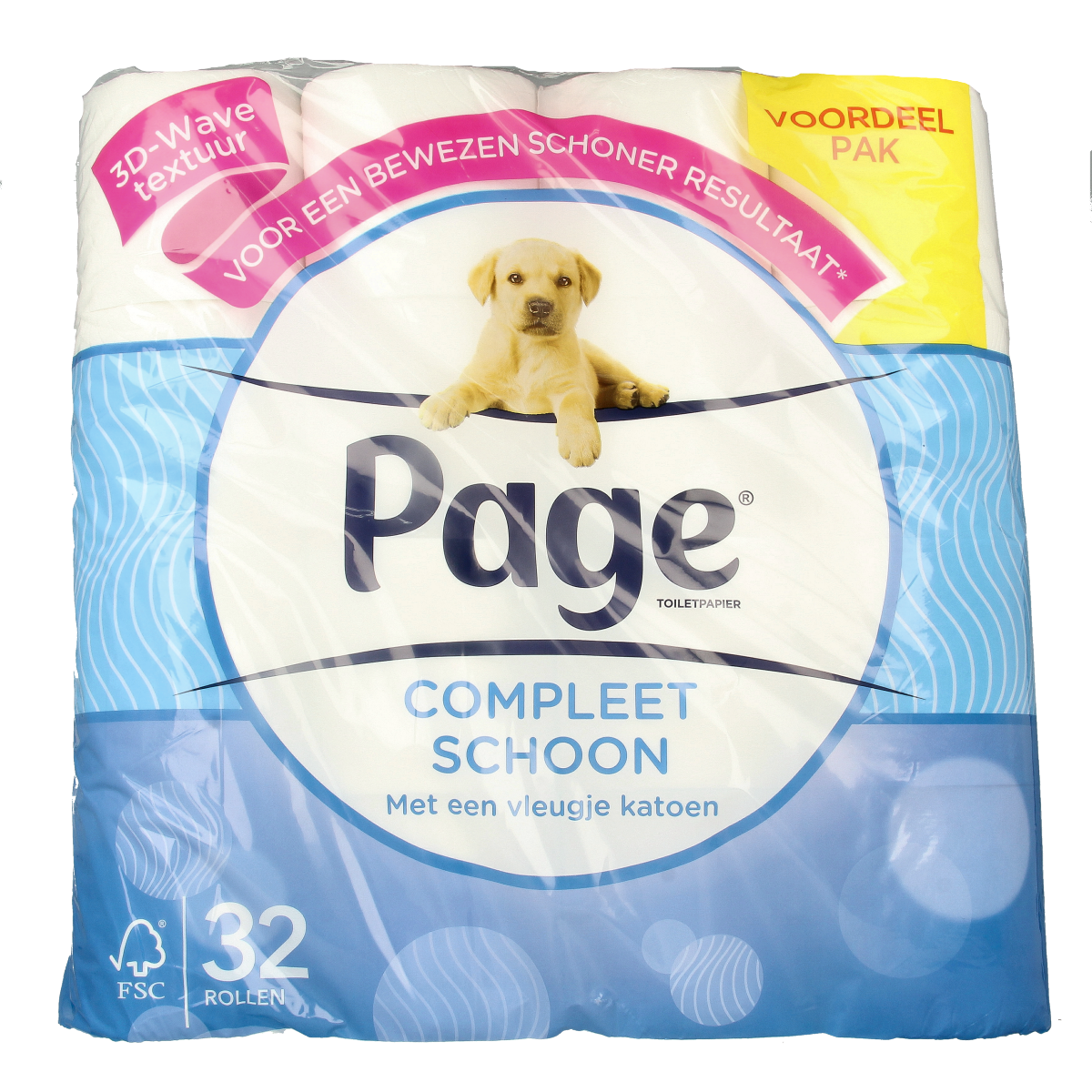 Page Compleet Schoon 32.00 Rol toiletpapier, soft white paper rolls with clean, smooth texture, for household use.