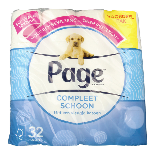 Page Compleet Schoon 32.00 Rol toiletpapier, soft white paper rolls with clean, smooth texture, for household use.
