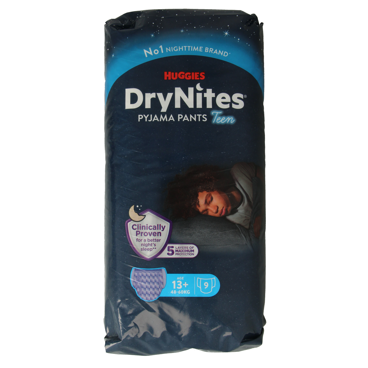 Huggies Drynites teen boy diaper pack with 9 disposable diapers for children over 13kg, shown in the image.