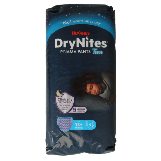 Huggies Drynites teen boy diaper pack with 9 disposable diapers for children over 13kg, shown in the image.