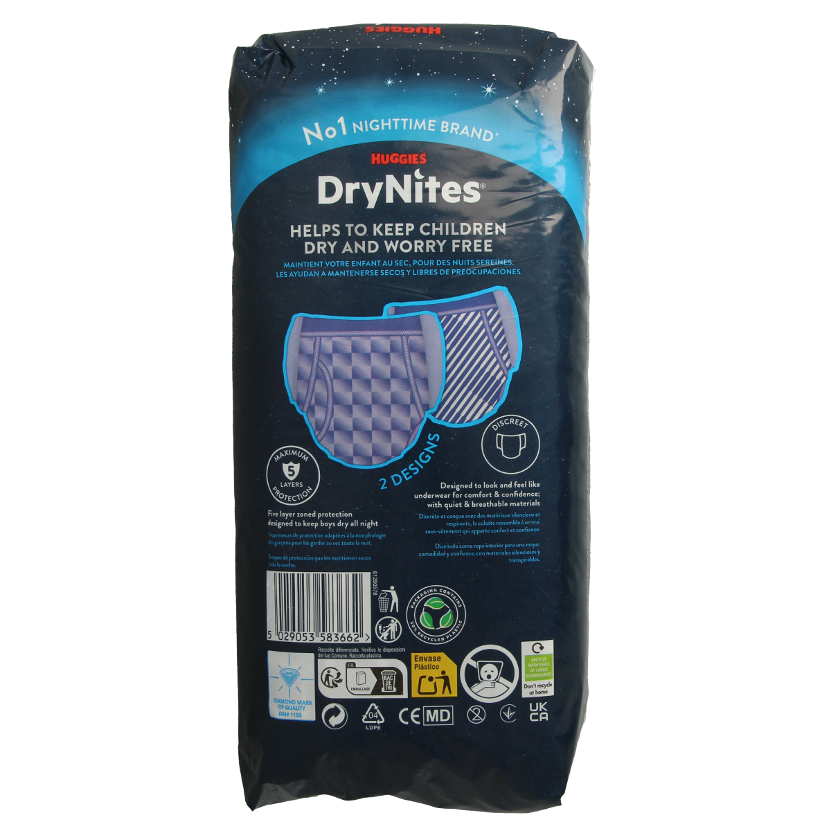 Huggies Drynites teen boy disposable bedwetting diapers, 9 pack, suitable for boys over 13kg, in a white package with blue accents.