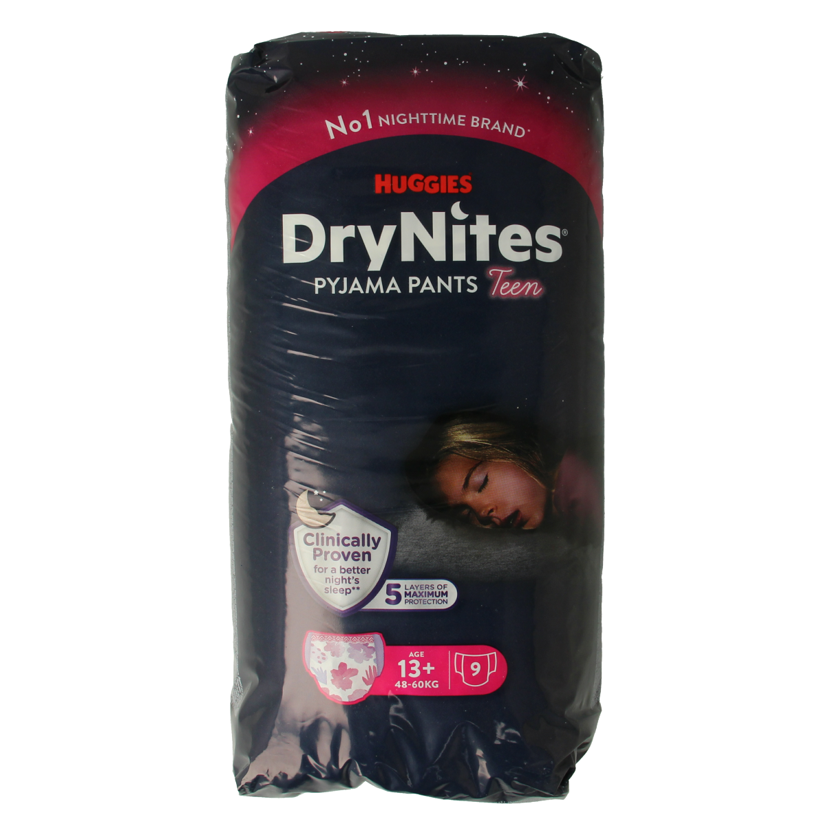 Huggies Drynites teen girl disposable underwear, size 13+kg, 9-pack, soft and discreet for overnight protection