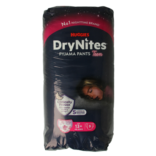 Huggies Drynites teen girl disposable underwear, size 13+kg, 9-pack, soft and discreet for overnight protection