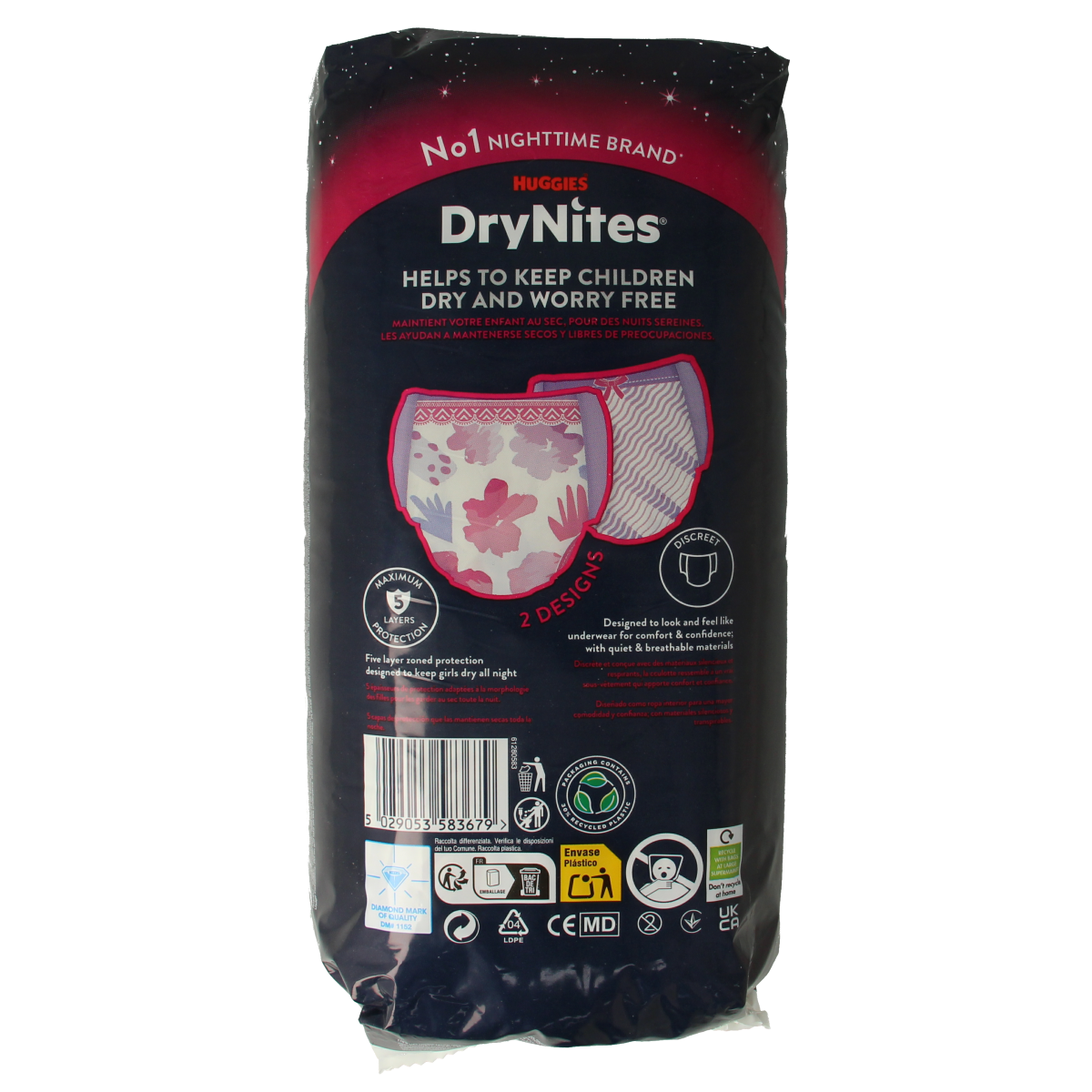 Huggies Drynites teen girl incontinence underwear pack with nine absorbent disposable diapers for teens over 13 kg.