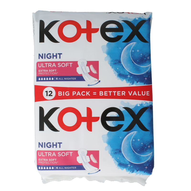 Kotex Ultra Soft Duo feminine hygiene pads, 12-pack, soft and comfortable for women, shown in packaging with absorbent pads.