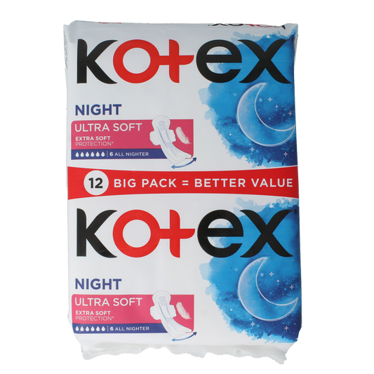 Kotex Ultra Soft Duo feminine hygiene pads, 12-pack, soft and comfortable for women, shown in packaging with absorbent pads.