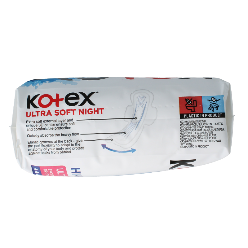 Kotex Ultra Soft Duo, 12 feminine hygiene pads, soft and comfortable for women, shown in the product image.