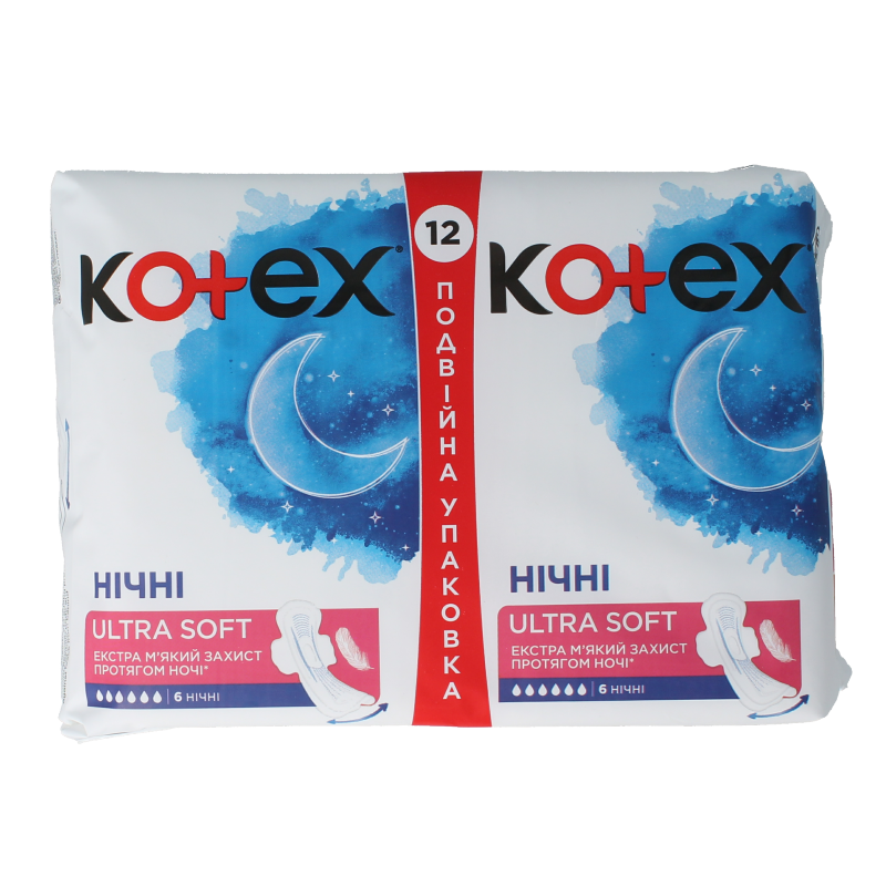 Kotex Ultra Soft Duo women's hygiene pads, 12-pack, soft and comfortable for everyday feminine hygiene use.