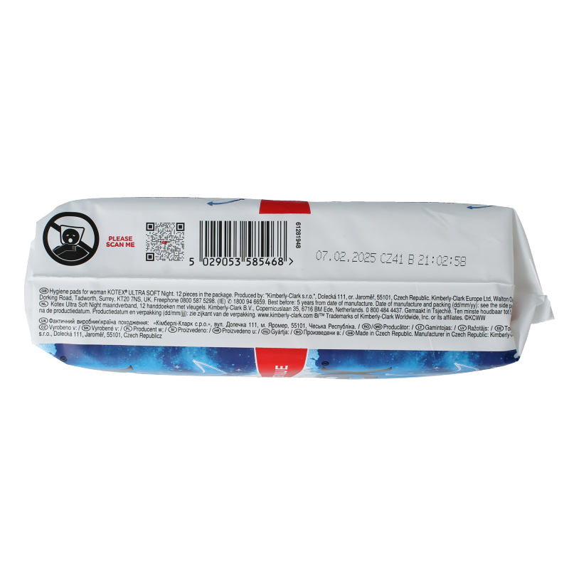 Kotex Ultra Soft Duo feminine hygiene pads, 12-pack, soft and comfortable for women, shown in the image.