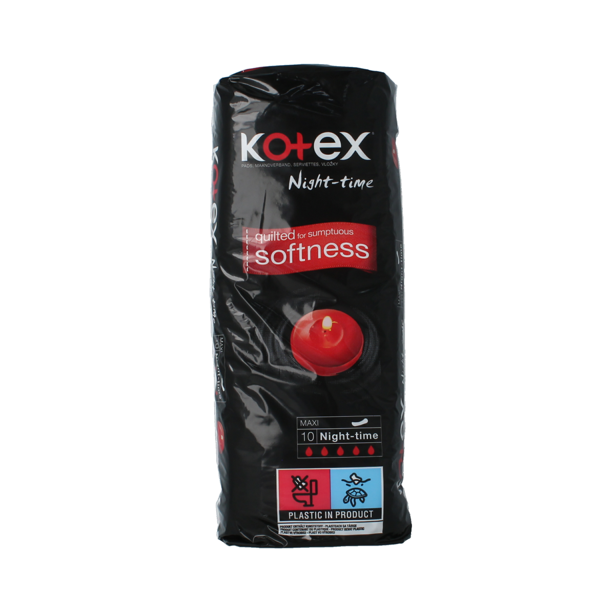 Kotex Maxi Nacht dameshygiëne pads, pack of 10, with soft, absorbent material designed for overnight comfort