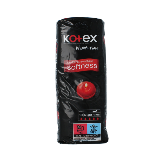Kotex Maxi Nacht dameshygiëne pads, pack of 10, with soft, absorbent material designed for overnight comfort