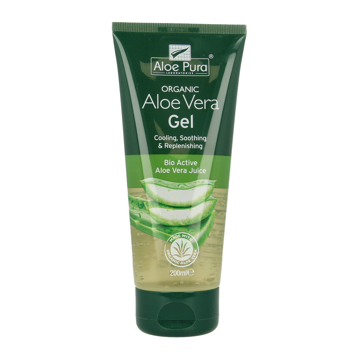 Optima Aloe Pura organic aloe vera gel in 200ml bottle, natural body care product for soothing and moisturizing skin.