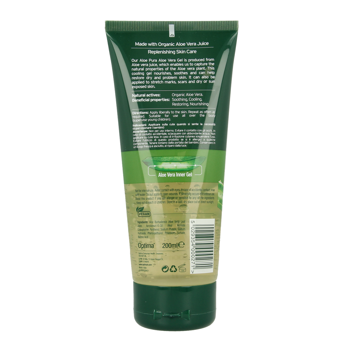 Optima Aloe Pura organic aloe vera gel in a 200ml bottle, natural skincare product for soothing and hydrating skin.