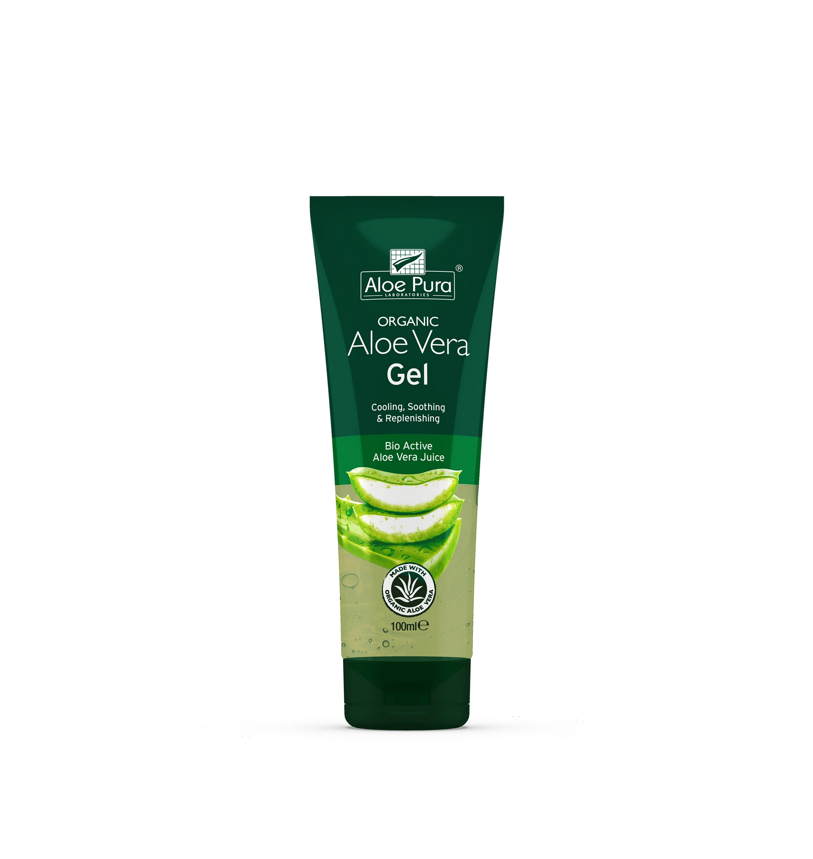 Optima Aloe Pura organic aloe vera gel in 100ml bottle, natural body care product with clear gel texture and label.