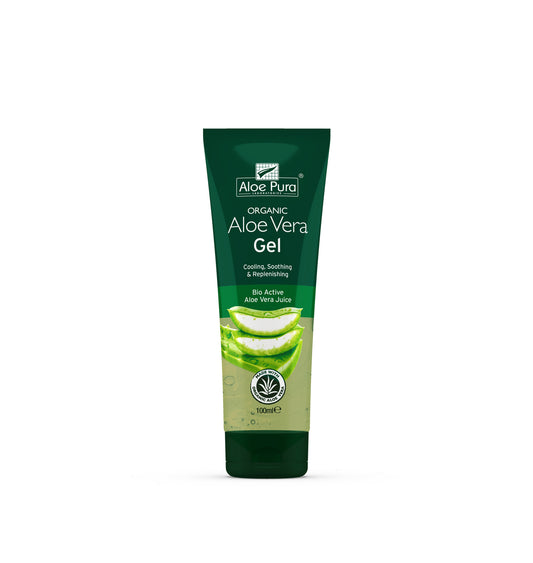 Optima Aloe Pura organic aloe vera gel in 100ml bottle, natural body care product with clear gel texture and label.