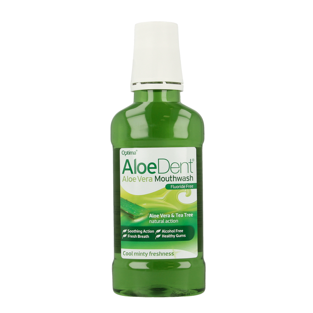 Optima Aloe dent aloe vera mouthwash bottle, 250ml, with label showing aloe vera ingredients and branding.