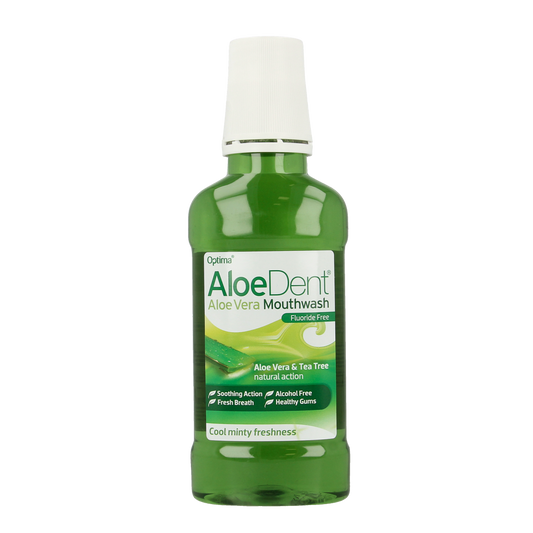 Optima Aloe dent aloe vera mouthwash bottle, 250ml, with label showing aloe vera ingredients and branding.