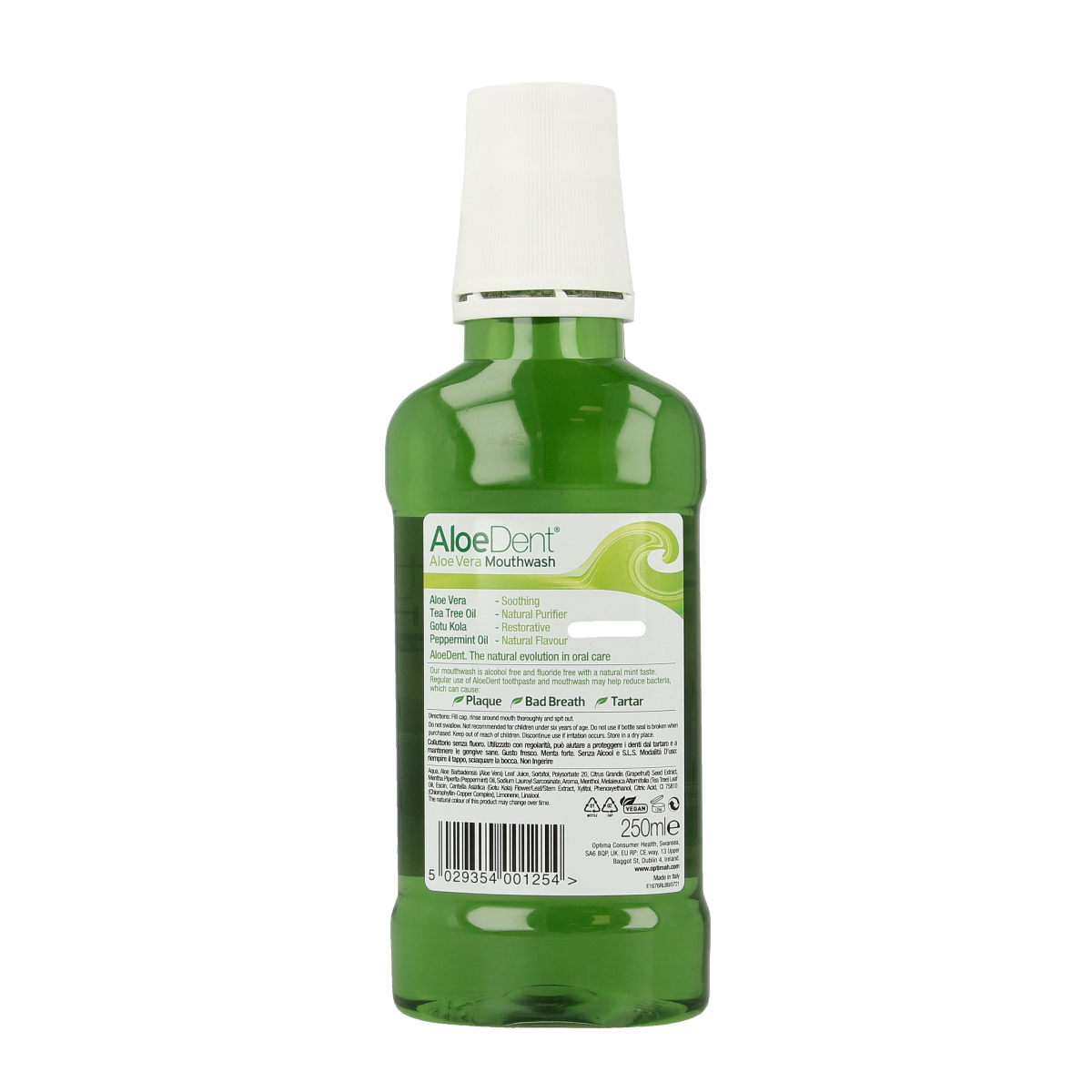 Optima Aloe Dent aloe vera mouthwash in 250ml bottle with fresh aloe vera imagery for oral hygiene.