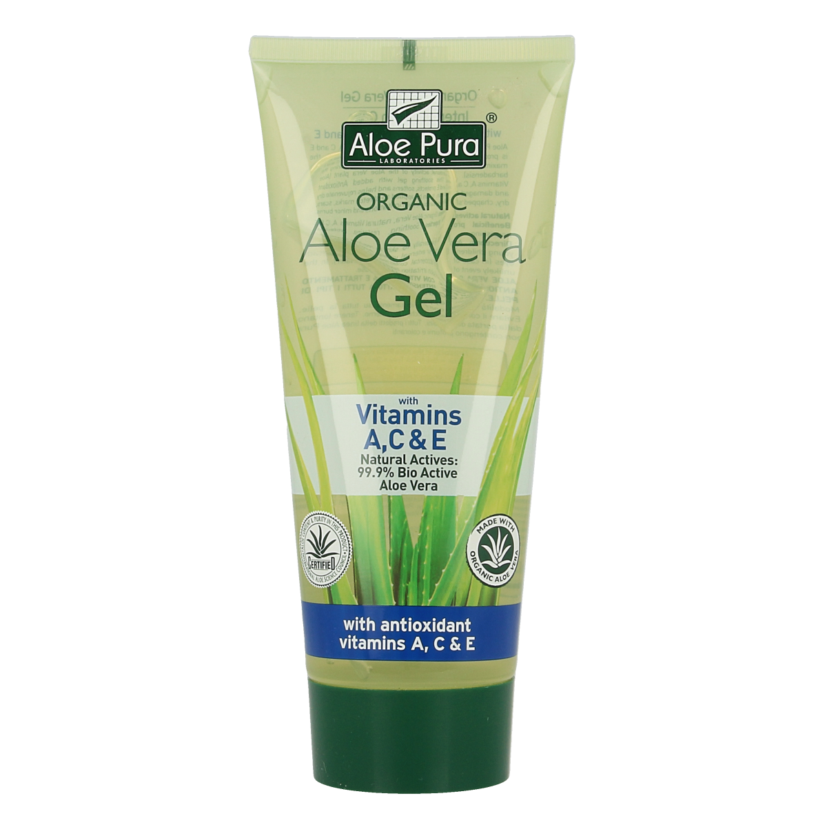 Optima Aloe Pura aloe vera gel with vitamin A, C, and E, 200ml, natural body care product with fresh aloe vera leaves.