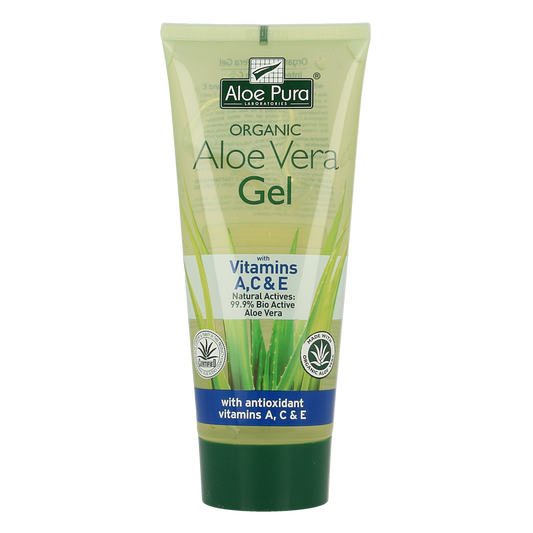 Optima Aloe Pura aloe vera gel with vitamin A, C, and E, 200ml, natural body care product with fresh aloe vera leaves.