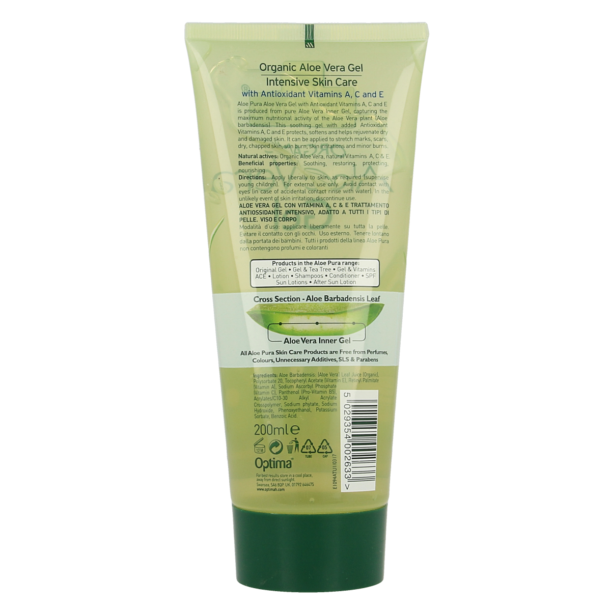 Optima Aloe Vera Gel with vitamin A, C, and E for body care, 200ml, organic aloe vera soothing and moisturizing skin treatment.