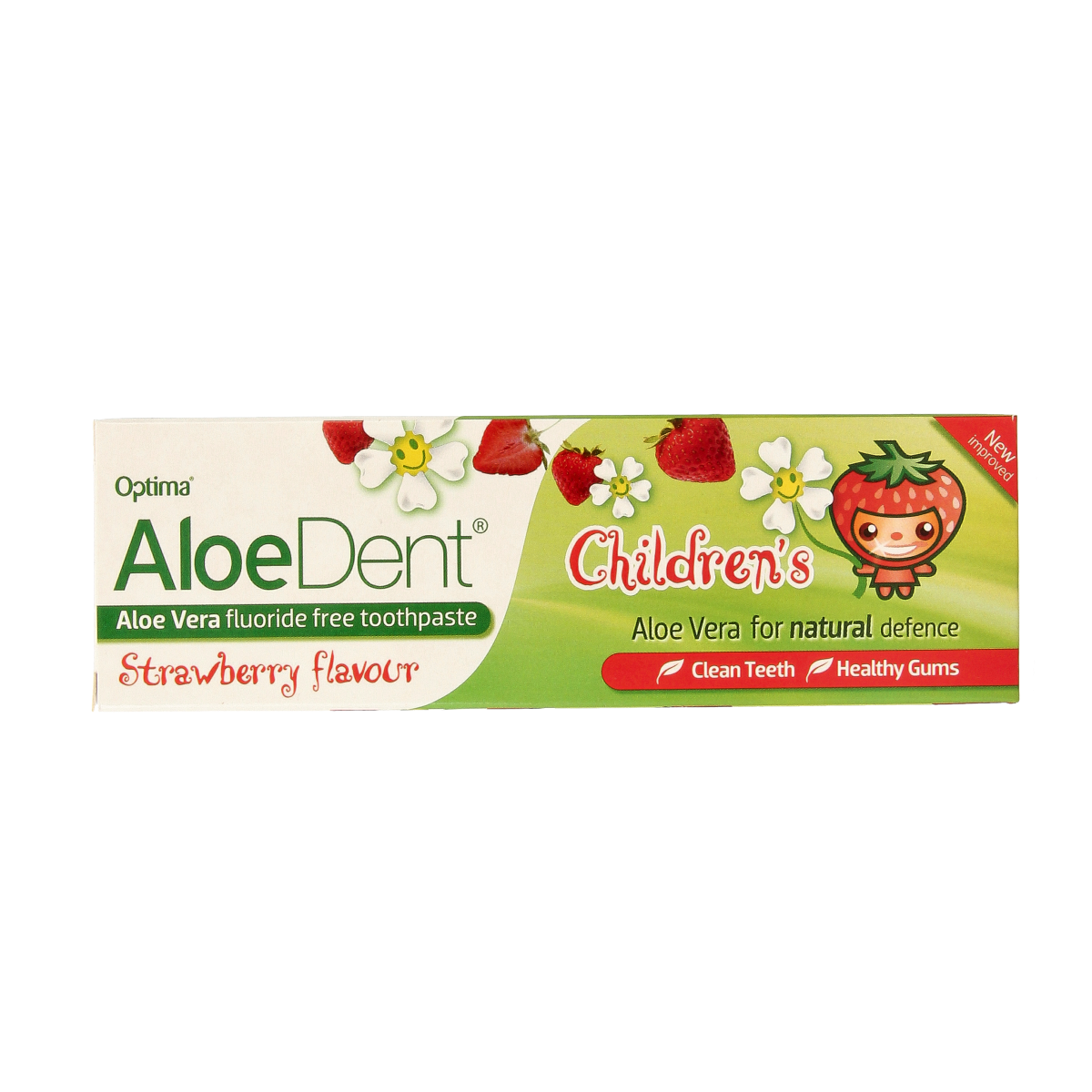 Aloe Dent aloe vera fluoride-free toothpaste for kids, 50ml tube, showing the bright packaging with aloe vera imagery.