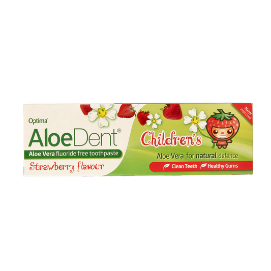 Aloe Dent aloe vera fluoride-free toothpaste for kids, 50ml tube, showing the bright packaging with aloe vera imagery.