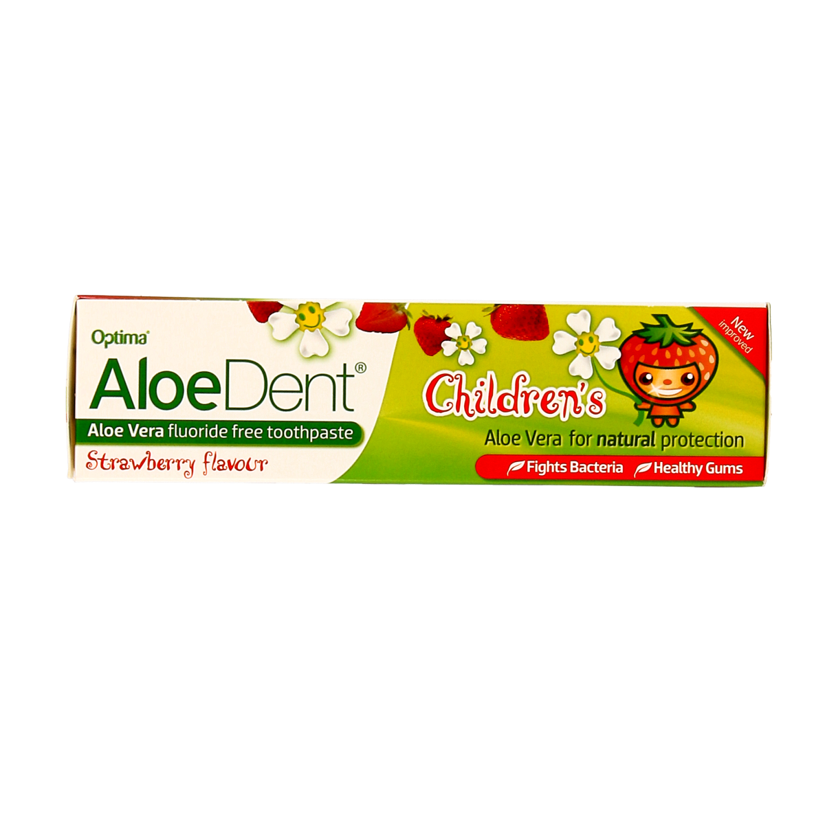 Aloe Dent fluoride-free aloe vera toothpaste for kids in a 50ml tube, with a fresh green and white packaging design.