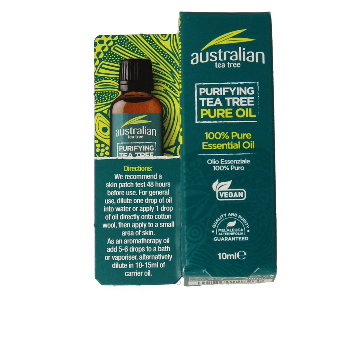 Optima Australian tea tree oil 10ml bottle, natural body care product with green label and dropper cap, on white background.