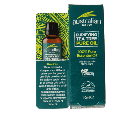 Optima Australian tea tree oil 10ml bottle, natural body care product with green label and dropper cap, on white background.