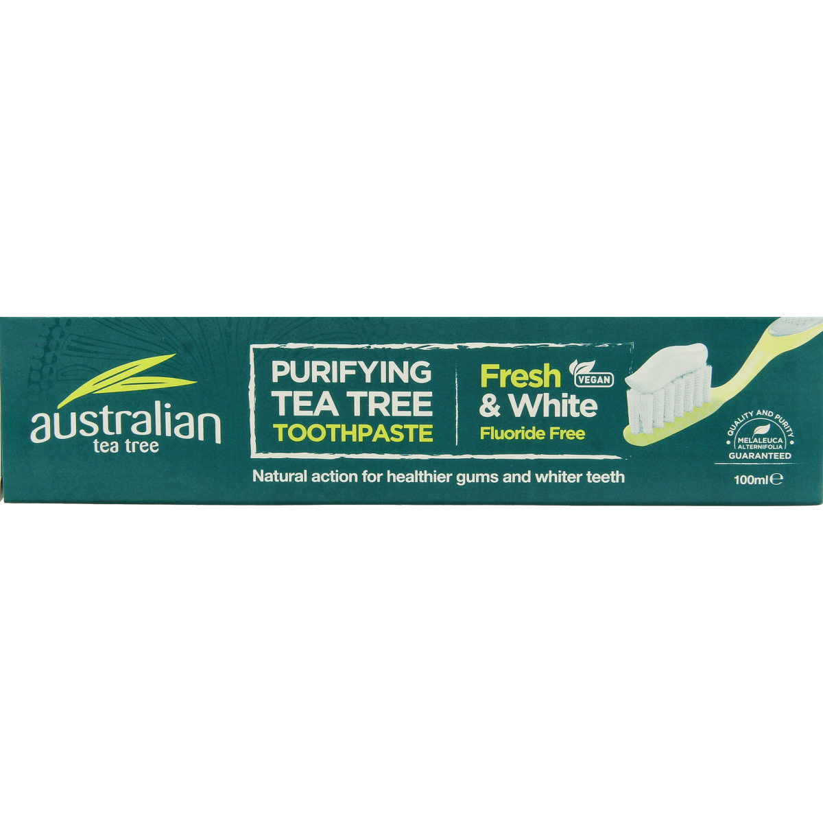 Optima Australian Tea Tree Toothpaste Fresh & White 100ml tube showing teal and white packaging with tea tree illustrations.
