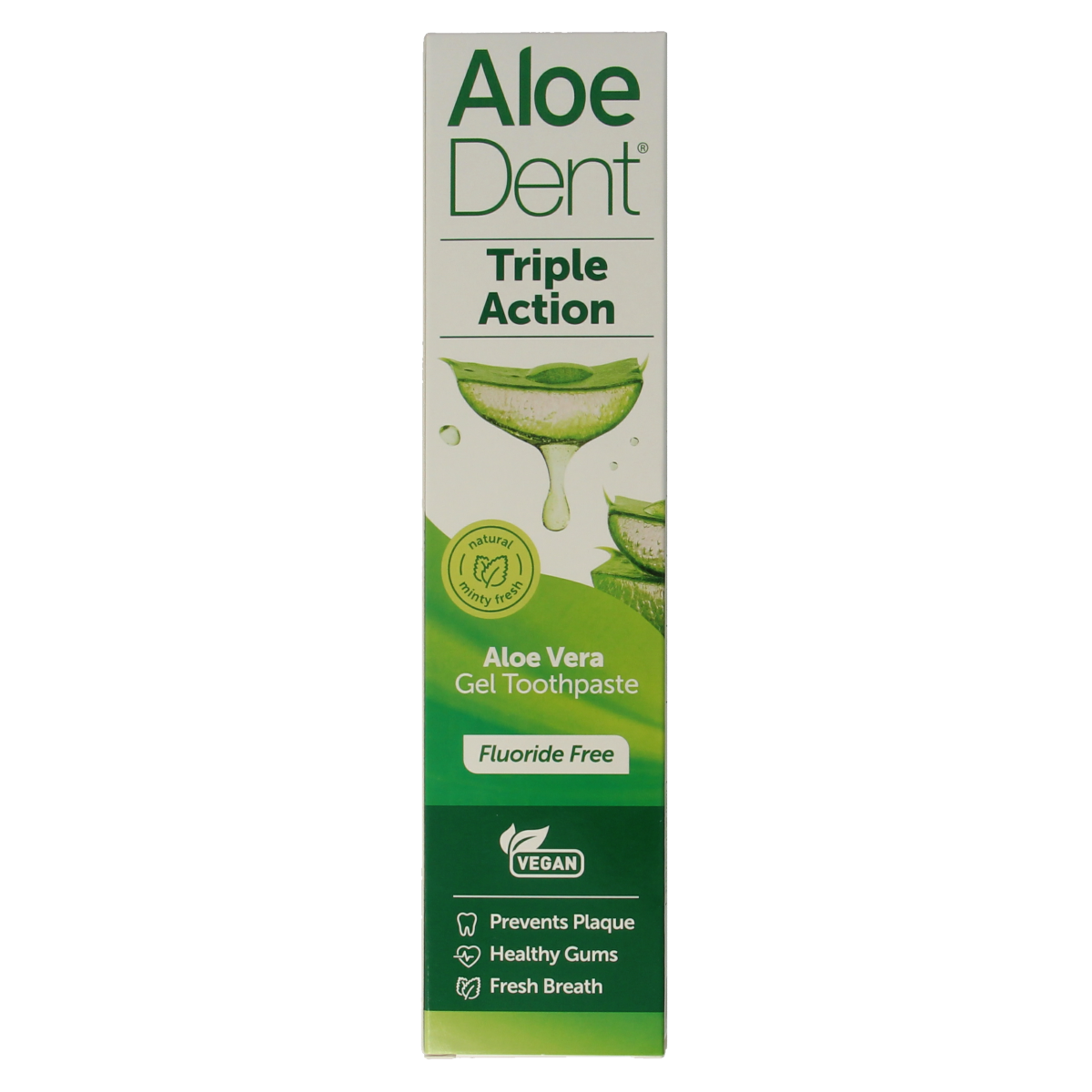 Optima aloe vera triple action fluoride-free toothpaste in 100ml tube, natural oral care product for fresh breath and healthy gums.