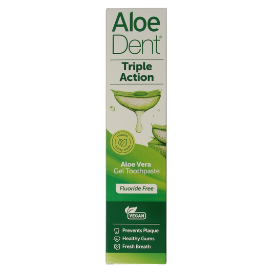 Optima aloe vera triple action fluoride-free toothpaste in 100ml tube, natural oral care product for fresh breath and healthy gums.