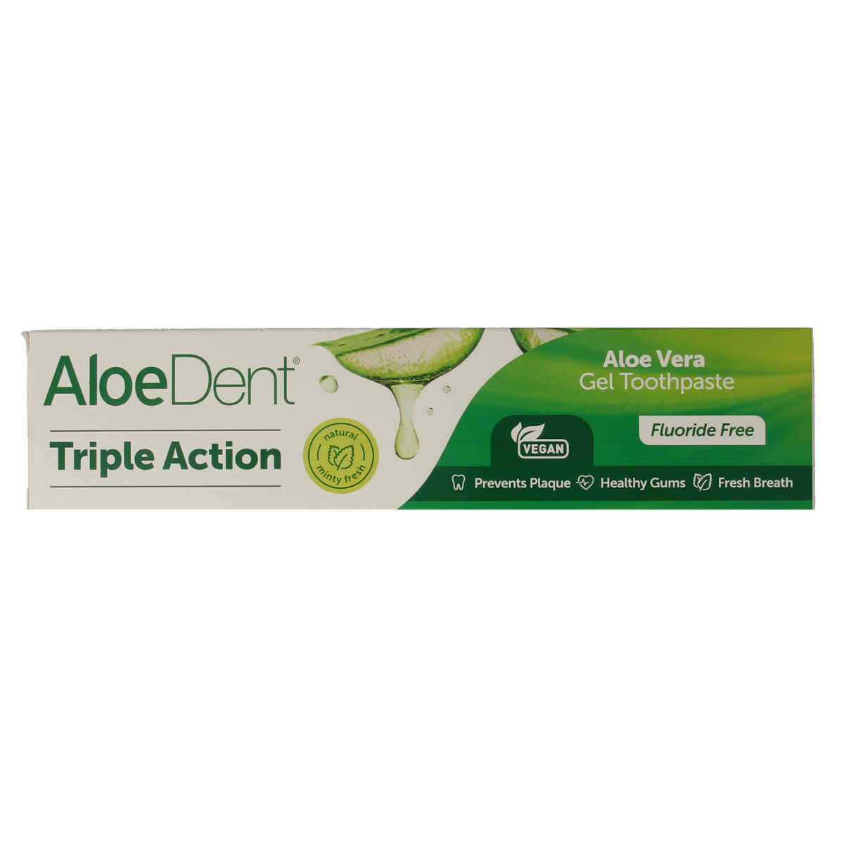 Optima Aloe Vera Triple Action Fluor Free Toothpaste in 100ml tube, natural oral care with aloe vera for fresh breath and clean teeth.