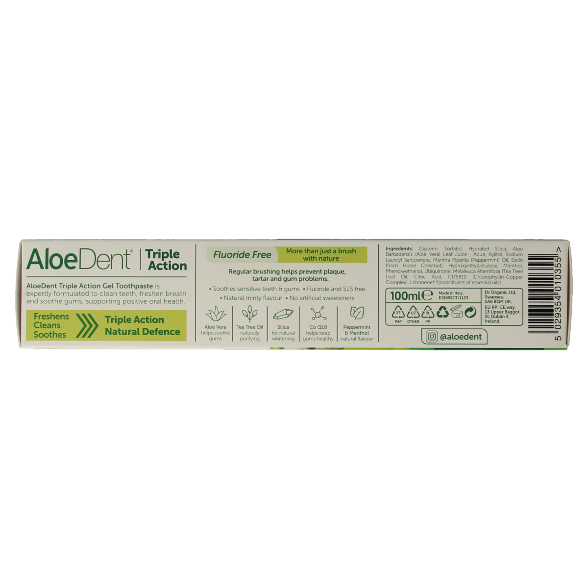 Optima Aloe Vera Triple Action Fluor-Free Toothpaste in 100ml tube, natural whitening and freshening for healthy teeth and gums.