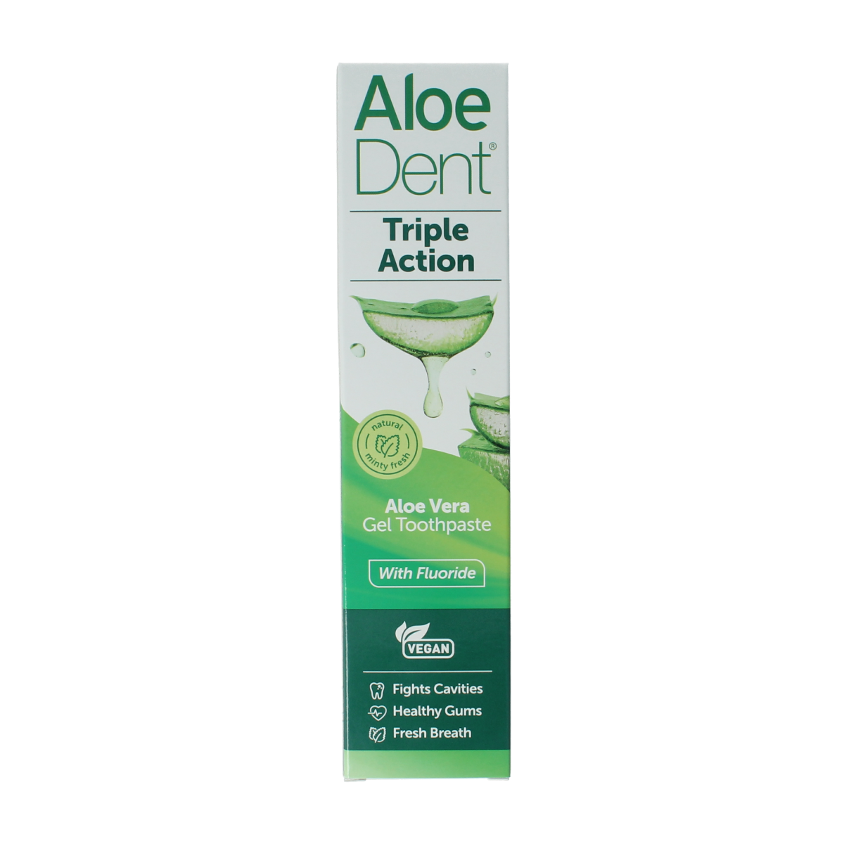 Aloe Dent Aloe Vera triple action toothpaste in 100ml tube, featuring natural aloe vera for oral care and fluoride protection.